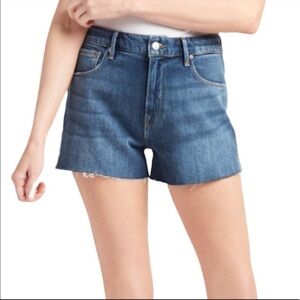 Good American Cut Off Medium Wash Raw Edge Frayed High Rise Denim Jean Shorts